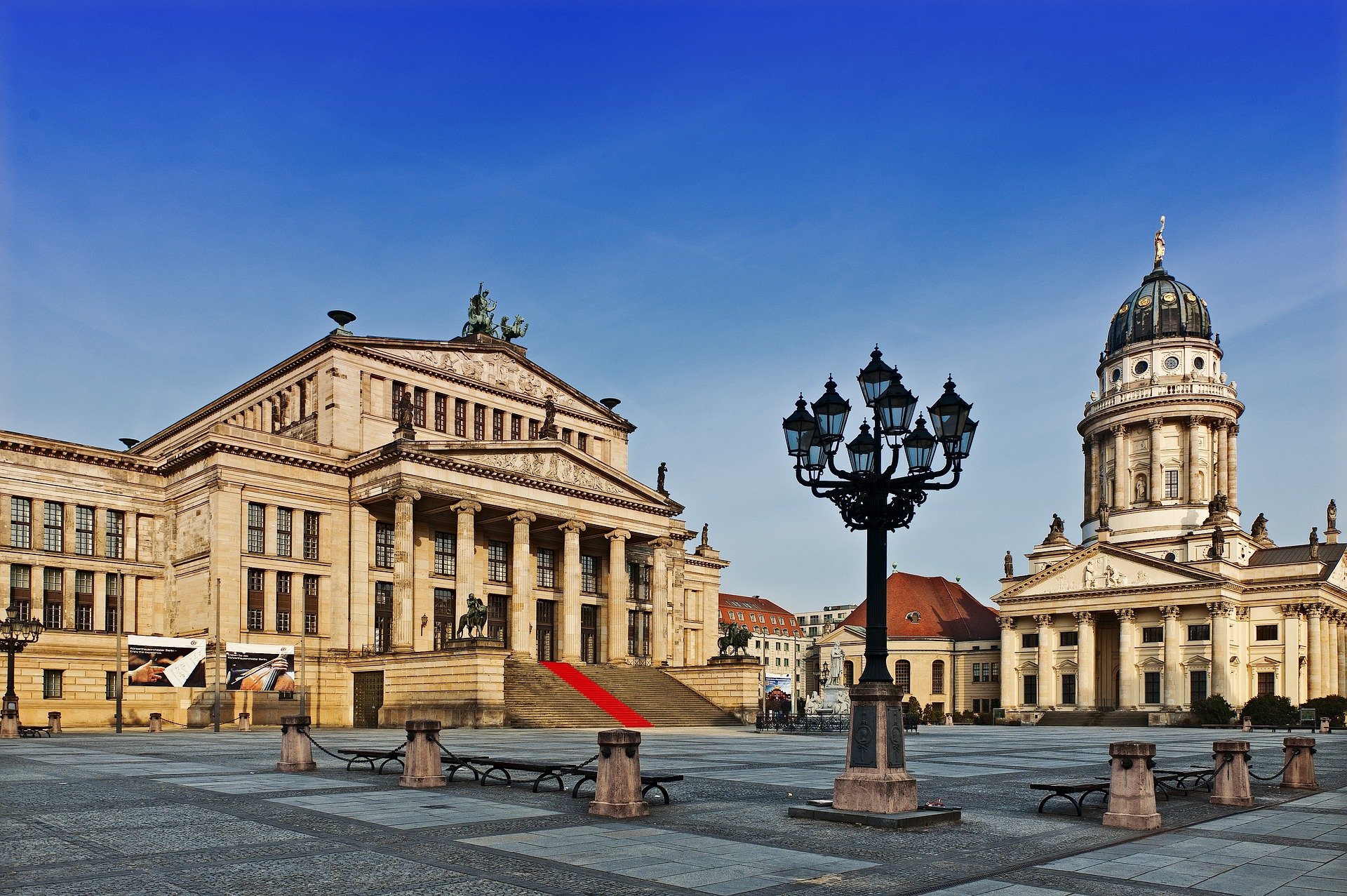 Berlin Gendarmenmarkt square panorama in twilight, Berlin Mitte, Germany